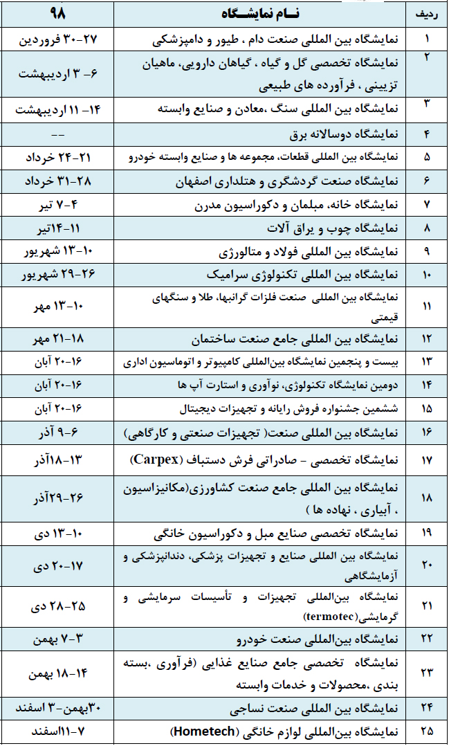 تقویم نمتیشگاه اصفهان 1398